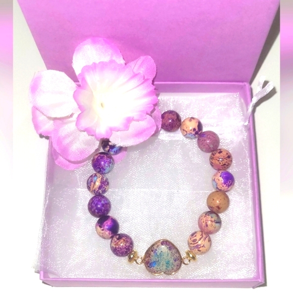 Bracelet Purple Heart Bracelet Jasper Beaded Bracelet Christmas Gift Ready - Picture 4 of 8